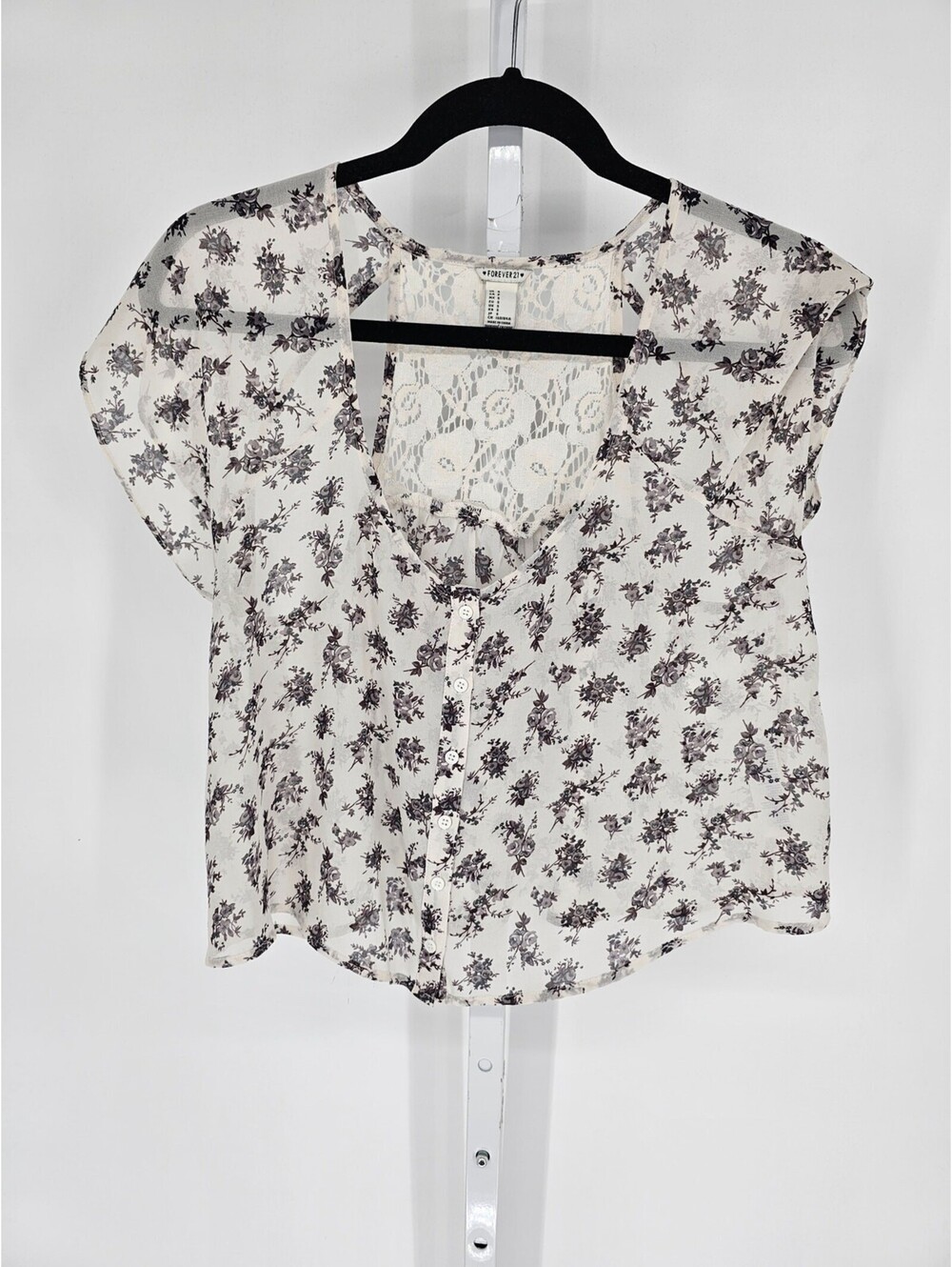 Forever 21 Womens Sz S Cropped Short Sleeve Blouse Floral w/ Lace Back
